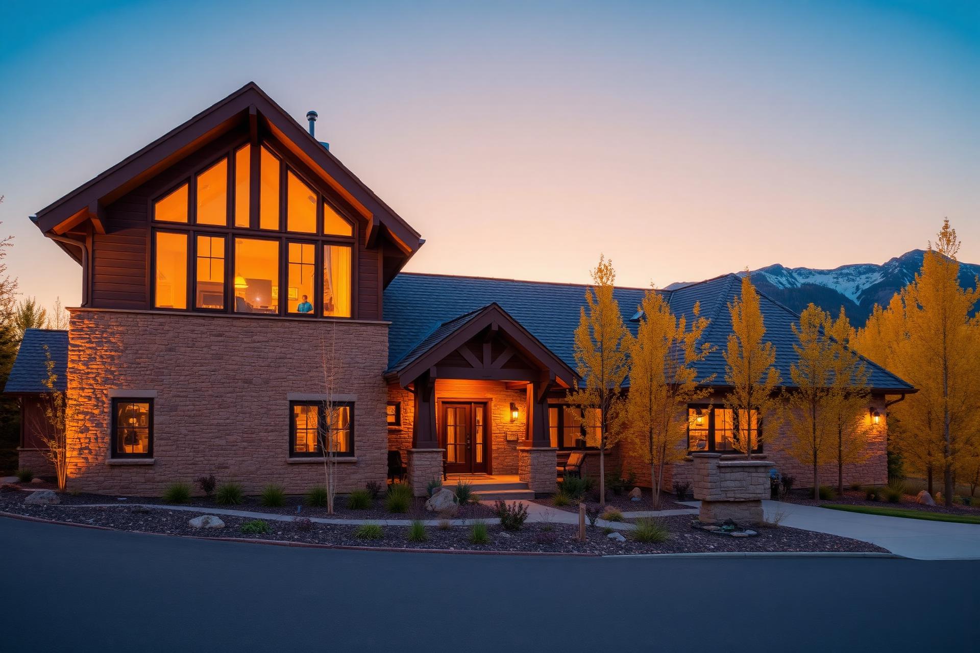 Colorado craftsman home at golden hour with the Rocky Mountains in the background